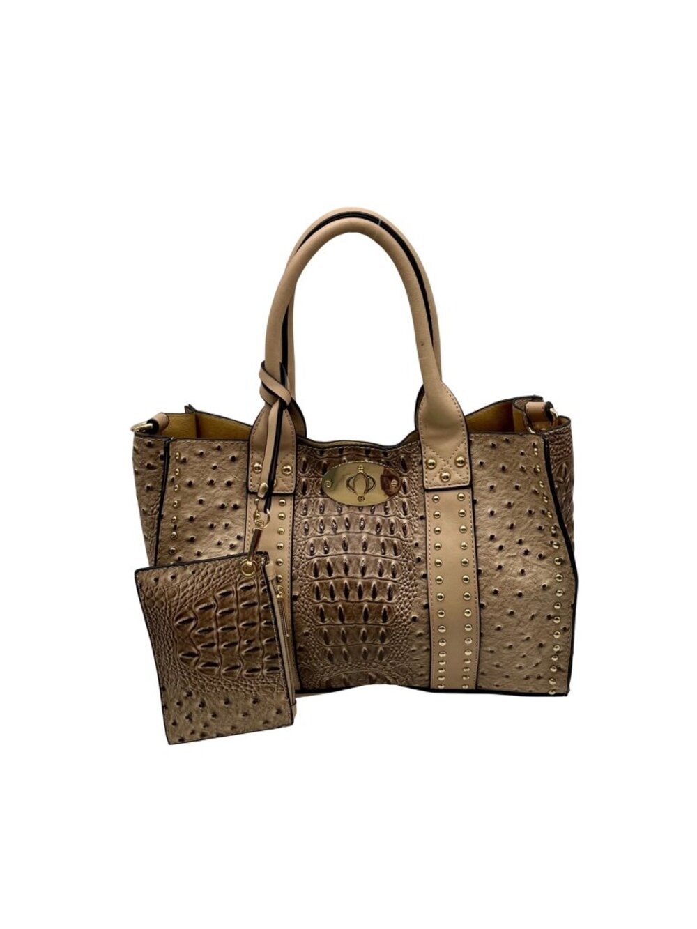 Tan Ostrich-Embossed & Croc-Embossed Faux Leather 2-Way Satchel